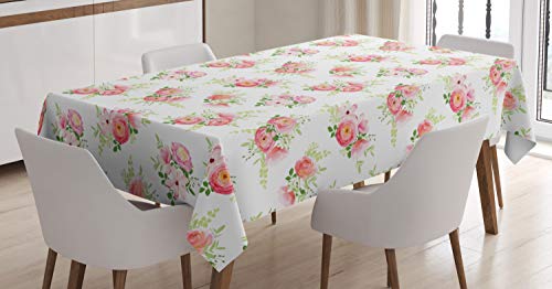 ABAKUHAUS En Mal Estado de Flora Mantele, Los brotes Frescos de Magnolia, Resiste Las Manchas Fáciles de Limpiar Lavable Estampa Durable, 140 x 240 cm, Rosa Verde Off White