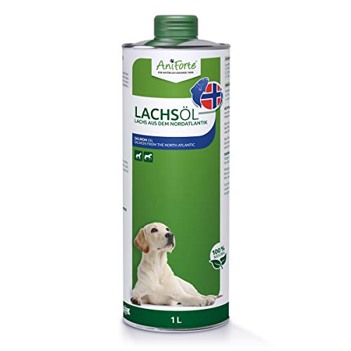 AniForte Aceite de Salmón para Perros 1 Litro - 100% natural. Contiene Ácidos Grasos Omega 3, EPA, DHA Y Linolénico. Beneficioso Para Huesos Fuertes y Pelaje Brillante, Envases reciclables sin BPA