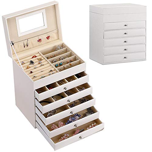 BAKAJI - Joyero con Espejo de 5 cajones y Compartimento Superior para Joyas de Piel sintética de Color Blanco y Interior Beige, tamaño 31 x 23,5 x 37 cm BAKAJI - Joyero con Espejo de 5 cajones y Compartimento Superior para Joyas de Piel sintética de Color Blanco y Interior Beige, tamaño 31 x 23,5 x 37 cm