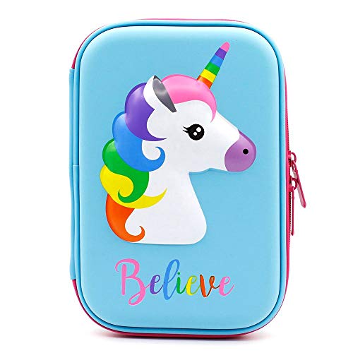 Bonito estuche con diseño de unicornio en relieve, Estuche para lápices con diseño de unicornio en relieve,caja de lápices para niños, estuche con múltiples compartimentos, color Unicorn Azul