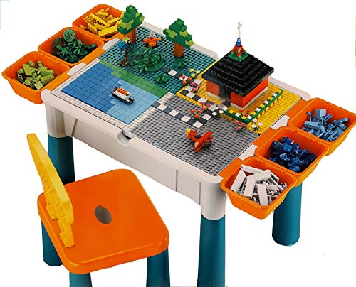 Brigamo - Juego de mesa de juego 3 en 1 con 4 placas integradas para bloques de construcción y sillas