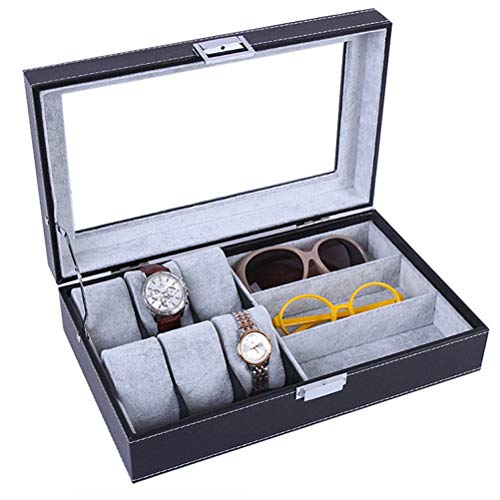 Caja de Almacenamiento para la Gafas , Mens 6 ranuras de la caja de reloj Organizador + 3 rejillas Gafas de sol titular de la exhibición de la joyería vitrina de conservación Presentación del caso Gua Caja de Almacenamiento para la Gafas , Mens 6 ranuras de la caja de reloj Organizador + 3 rejillas Gafas de sol titular de la exhibición de la joyería vitrina de conservación Presentación del caso Gua