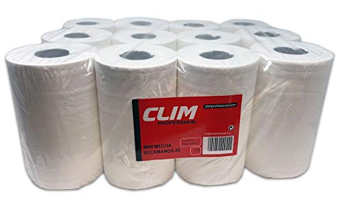 Clim Profesional. Pack de 12 rollos de papel secamanos MINI mecha Clim Profesional®. Papel extrablanco de 2 capas y precortado. Rollo de papel tamaño mini