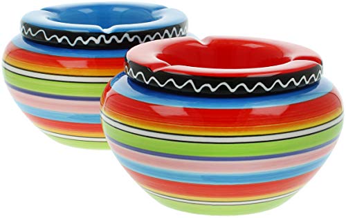 com-four® 2X ceniceros de Viento de cerámica en Azul, Amarillo, Verde, Rojo con Rayas de Colores (02 Piezas - Ø 14 cm de Color)
