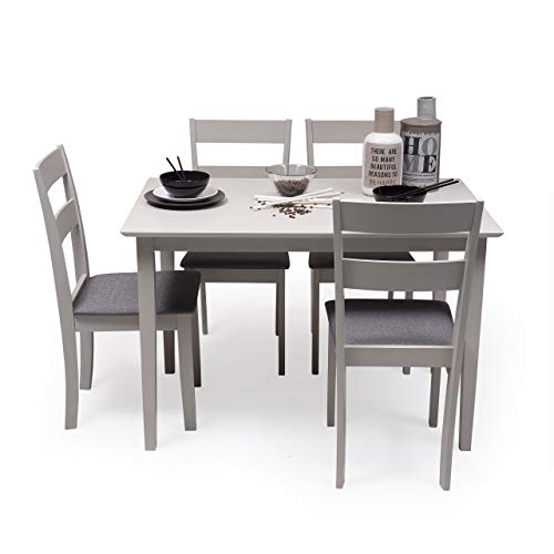 Conjunto de Comedor Kansas & Dallas Gray Mesa de Comedor de Madera lacada en Gris de 112x72 cm y 4 sillas de Comedor de Madera lacadas en Gris y Asiento tapizado de Tela Gris Oscuro