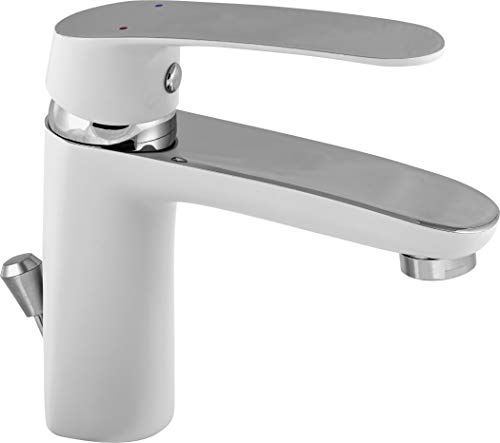 Cornat LUCW1 Lucena - Grifo monomando para lavabo (latón cromado, con tirador de desagüe), color blanco Cornat LUCW1 Lucena - Grifo monomando para lavabo (latón cromado, con tirador de desagüe), color blanco