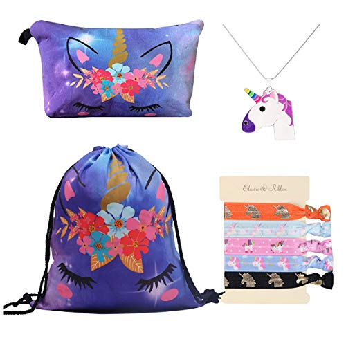 DRESHOW Unicorn Gifts for Girls 4 Pack - Unicornio Mochila con cordón/Maquillaje Bolsa/Collar Aleación Cadena/Lazos para el cabello