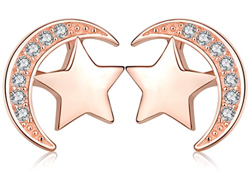 Elegantes pendientes color oro rosa con diseño de luna y estrella marca Infinite U, hechos en plata fina 925 y circonio cúbico