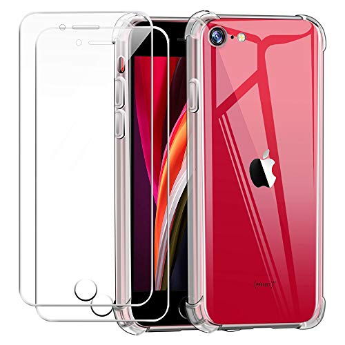 Funda para iPhone SE 2020 con Dos Cristal Templado Protector de Pantalla,Suave TPU Transparente Gel Silicona Anti Caída Protectora Carcasa para iPhone SE 2020 / iPhone 7 / iPhone 8 (4.7 Pulgadas)