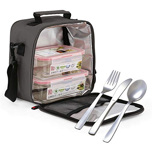 Glassfood - Bolsa Térmica Lunchbag Basic con 2 Contenedores de Vidrio de 0.57L + 0.84L y Cubiertos AISI 430 Niquel Free. Gris