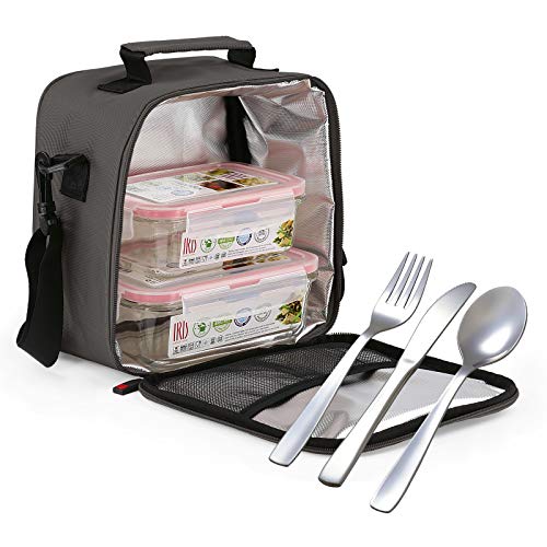 Glassfood - Bolsa Térmica Lunchbag Basic con 2 Contenedores de Vidrio de 0.57L + 0.84L y Cubiertos AISI 430 Niquel Free. Gris Glassfood - Bolsa Térmica Lunchbag Basic con 2 Contenedores de Vidrio de 0.57L + 0.84L y Cubiertos AISI 430 Niquel Free. Gris