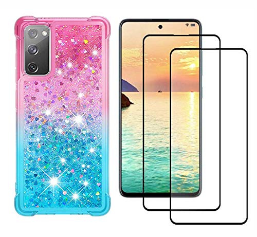 GOGME Funda para Samsung Galaxy S20 FE 5G/4G Funda + 2 Cristal Templado, Degradado Color Glitter Liquida Cristal Ultradelgado Suave Silicona Estuche TPU Bumper Carcasa, Rosado/Azul