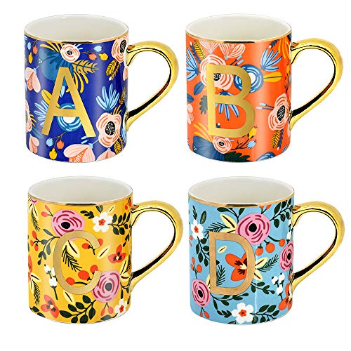 HITBOX Creative Alphabet Mugs Juego de 4 330ml Taza de bebida floral Té Taza de café con cacao con A B C D Diseño de letra Novedad Idea de regalo