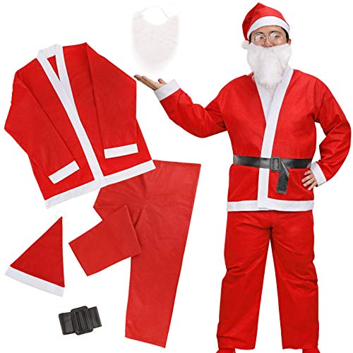 HOWAF Disfraz de Papá navideño para Hombre, 5 Piezas Traje de Cosplay navideño, Traje de Papá Noel para Adultos + Gorro de Papá Noel Rojo + Barba de Papá Noel (Talla única)