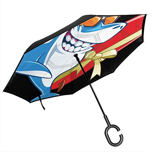 Jojoshop - Tiburón sonriente con gafas de sol y gorro de Papá Noel, mango en forma de C para uso en coche, resistente al viento e impermeable, paraguas plegable y ligero