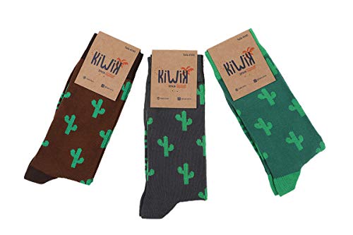 Kiwik Pack de 3 calcetines unisex de algodón con divertidos estampados y diseños únicos. (Pack de 3 calcetines de cactus, 35-40)