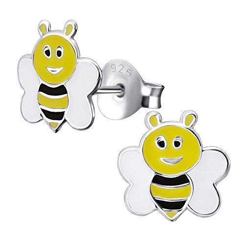 Laimons Pendientes infantiles para niña, joya infantil, diseño de abeja, 8 mm, color negro, blanco y amarillo, plata de ley 925