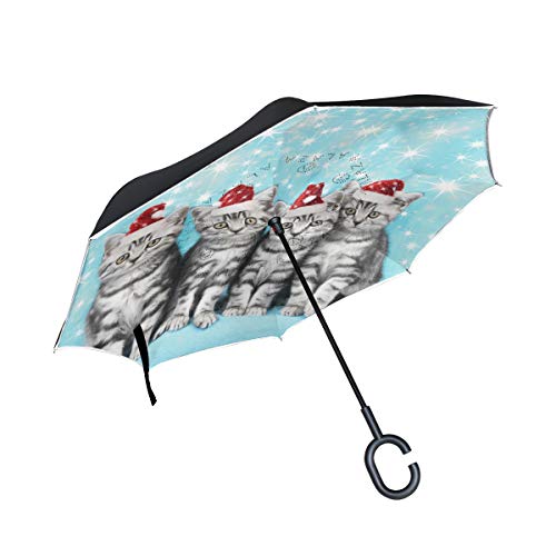 LKZNT Paraguas Reversible con Gorro de Papá Noel con Mango en Forma de C para Coche, Resistente al Viento, a la Lluvia, Paraguas de Viaje al Aire Libre