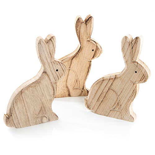 Logbuch-Verlag 3 conejos de Pascua de madera para colocar de pie, color marrón natural veteado, figuras de decoración de Pascua naturales 18 x 11 cm – regalo decoración de Pascua
