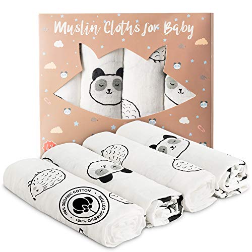 Manta Bebe de Algodon Orgánico – 4 Muselinas Bebe 80x80 cm 100% Algodón Organico – Para Niña y Niño – Perfectas para el Arrullo, como Pañal, Manta, Toalla y Babero