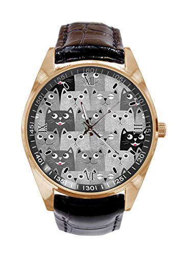 Negro Gris Gato Gatito Animal Diseño Personalizado Reloj De Pulsera Analógico Cuarzo Oro Dial Clásico Cuero Banda De Las Mujeres Reloj De Hombre