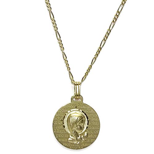 Never Say Never Medalla Virgen niña de 16mm con la oración del Ave Maria en Oro Amarillo de 18k y Cadena Modelo 3x1 de Oro Amarillo de 18k Especial comunion