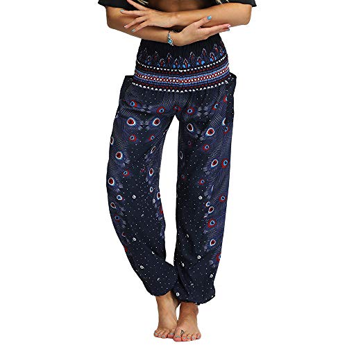 Nuofengkudu Mujer Hippies Pantalones Harem Tailandeses Boho Estampados Bolsillos Cintura Alta Baggy Yoga Pants Verano Playa Fiesta (Azul Marino,Talla única)