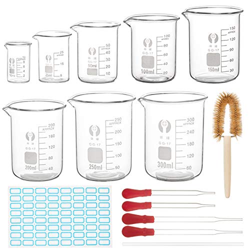 OLYCRAFT 18pcs Juego de Cilindros Y Vasos Graduados de Vidrio, Cilindros 10 ml 25 ml 50 ml 100 ml 250 ml Y Vasos de Precipitados 50 ml 100 ml 150 ml 250 ml Graduados para el Laboratorio