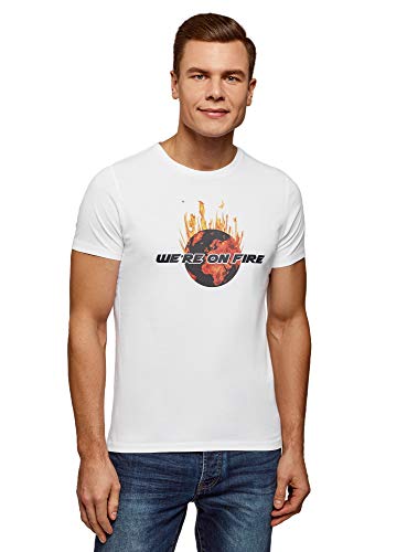 oodji Ultra Hombre Camiseta de Algodón con Estampado, Blanco, L