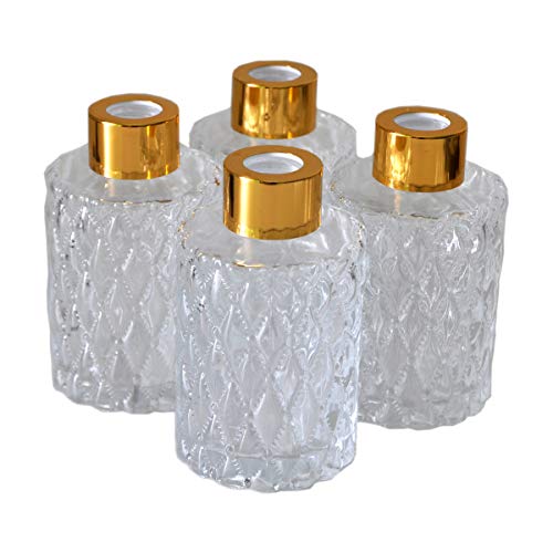 Ougual 4 Piezas Botellas de difusor de Vidrio cilíndrico de Talla de Diamante, contenedor de aceites Esenciales (150ML, Gorras de Oro)