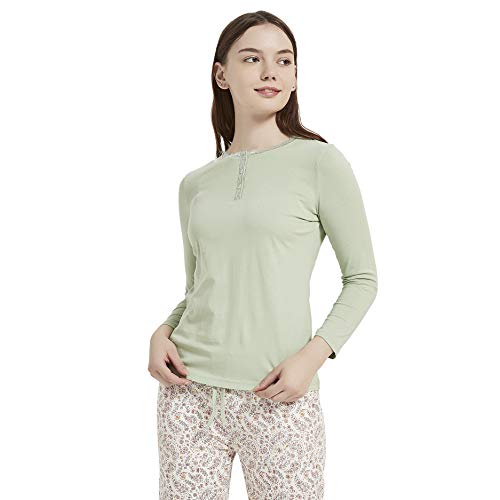 PimpamTex – Pijama de Mujer Invierno Algodón de Otoño-Invierno Camiseta Manga Larga y Pantalón Largo Estampados de Tacto Suave (M, Fina Verde)