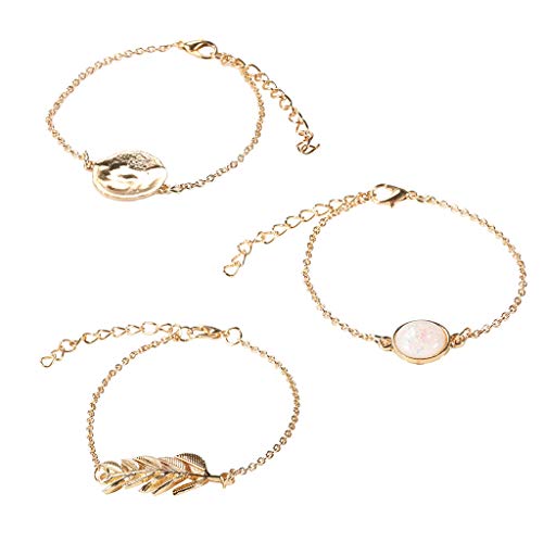 planuuik 3 Piezas Vintage Golden Chain Imitación Opal Piedra Hojas Discos Redondos Charm Bracelet
