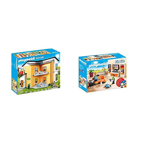 PLAYMOBIL City Life Casa Moderna, con Efectos de Luces y Sonido, a Partir de 4 Años (9266) + City Life Salón, con Efectos de Luz, a Partir de 4 Años (9267)