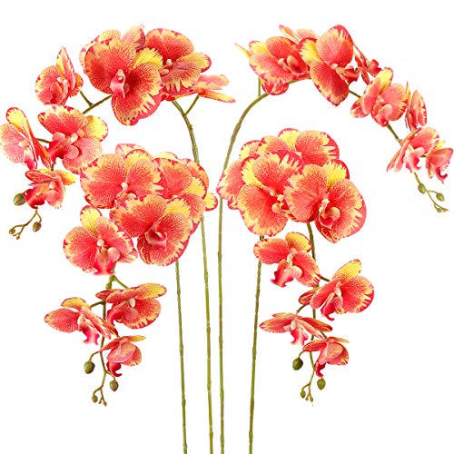 RERXN - Lote de 4 flores artificiales de orquídea falaenopsis, 9 cabezales, mariposa, orquídeas, para decoración del hogar, color naranja