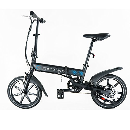 SmartGyro Ebike Black - Bicicleta Eléctrica, Ruedas de 16", Asistente al Pedaleo, Plegable, Batería extraíble de litio de 4400 mAh, Freno V-Brake y Disco, Autonomía 30-50 Km, color Negro