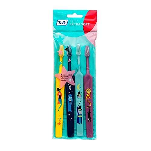 TEPE Kids Select Compact x-Soft – Set de 4 Cepillos manuales para niños a partir de los 3 años – Cepillo de dientes extra suave – Cepillo dental con dibujos en colores variados