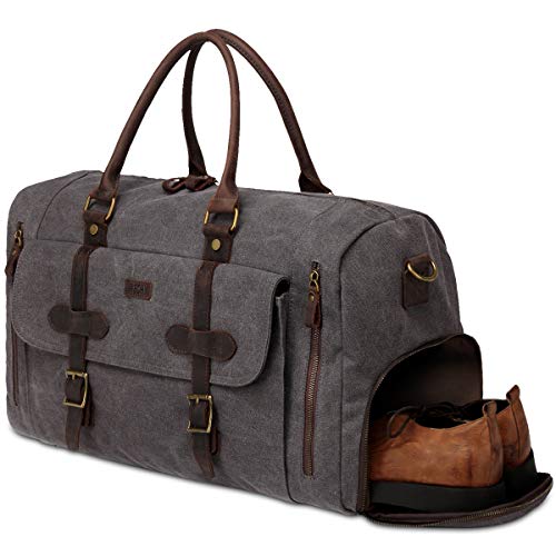 VASCHY Bolso de Viaje, Bolsa de Equipaje Hombre con Compartimento Zapatos Equipaje de Mano Lona Cuero Bolsa de Fin de Semana Grande Vintage Gris VASCHY Bolso de Viaje, Bolsa de Equipaje Hombre con Compartimento Zapatos Equipaje de Mano Lona Cuero Bolsa de Fin de Semana Grande Vintage Gris