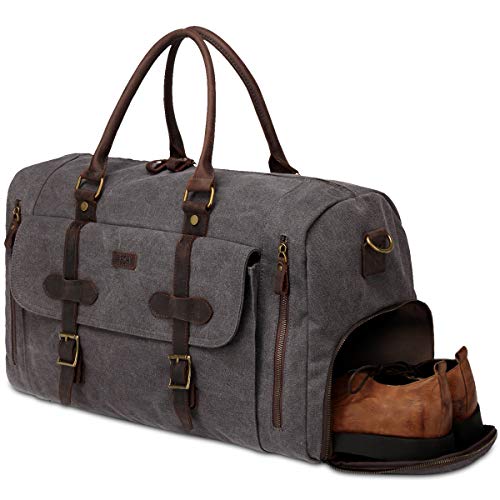 VASCHY Bolso de Viaje, Bolsa de Equipaje Hombre con Compartimento Zapatos Equipaje de Mano Lona Cuero Bolsa de Fin de Semana Grande Vintage Gris