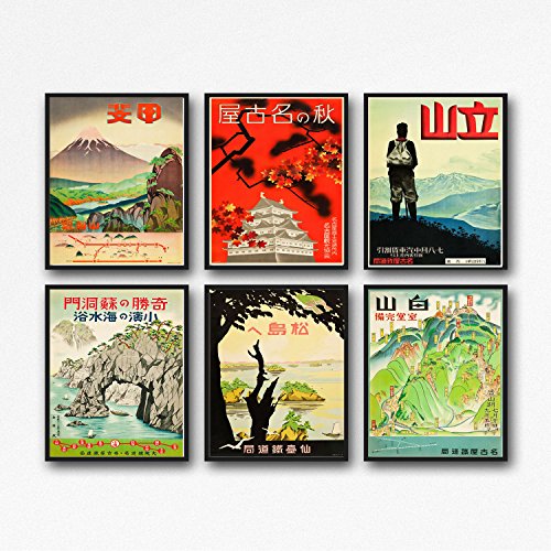 WallBuddy Juego de 6 pósteres japoneses de los años 30 de Japón, Arte de Pared japonés, Impresiones japonesas, anuncios de ferrocarril Vintage, 6 Unidades, 8.3 x 11.7 (A4)