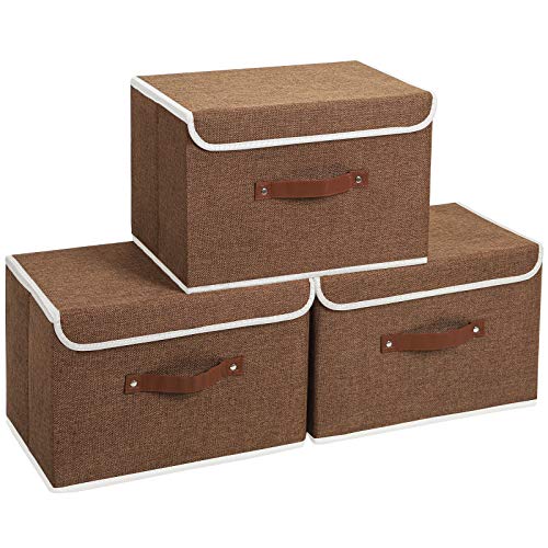 Yawinhe 3 PCS Cajas de almacenaje, Cajas de Almacenaje con Tapa, Cajas de Almacenamiento Plegables, Organizador para Juguetes, Libros, Ropa (Marrón, 38x25x25cm)