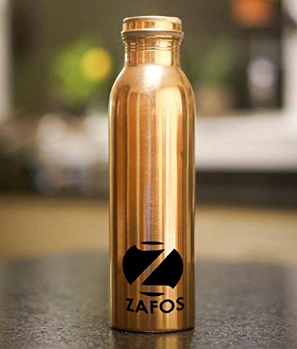 Zafos Botella de agua o termo de cobre puro de 34 onzas con 99% de pureza hecha a mano, libre de articulaciones y a prueba de fugas para beneficios de salud ayurvédicos, deportes, gimnasio, yoga y viajes.