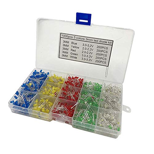 1000 unidades (5 colores x 200 unidades) 3 mm diodos LED redondos, varios colores blanco/rojo/amarillo/verde/azul Kit Box (3 mm)