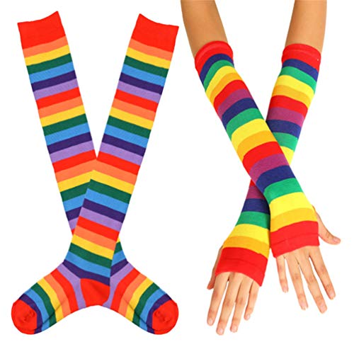 Calcetines altos y guantes sin dedos de punto para mujer, con diseño de rayas multicolor, ideales como accesorios para disfraz Calcetines altos y guantes sin dedos de punto para mujer, con diseño de rayas multicolor, ideales como accesorios para disfraz