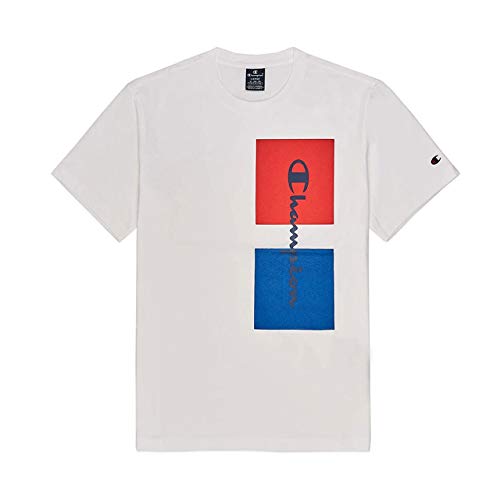 Champion Seasonal 90's Block Logo Crewneck T-Shirt Camiseta, White, Hombre