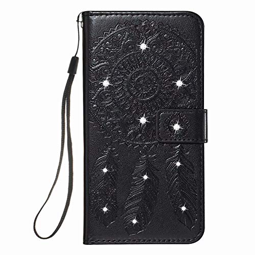 Funda para Xiaomi Mi Note 10/Xiaomi Mi Note 10 Pro, 3D Bling Gems Diamond PU Cuero Flip Wallet Cases Brillante Crystal Rhinestone Girly Cover con hebilla magnética Tarjeta ranura soporte negro