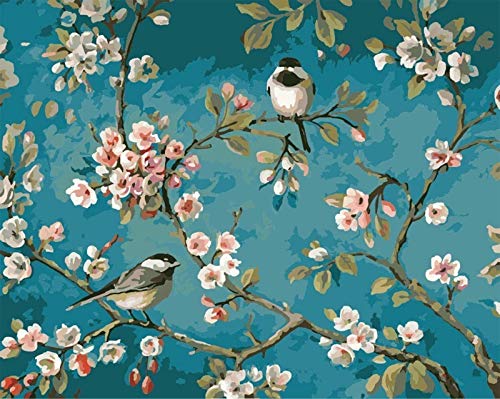Fuumuui Lienzo de Bricolaje Regalo de Pintura al óleo para Adultos niños Pintura por número Kits Decoraciones para el hogar -Flores y pájaros 16 * 20 Pulgadas