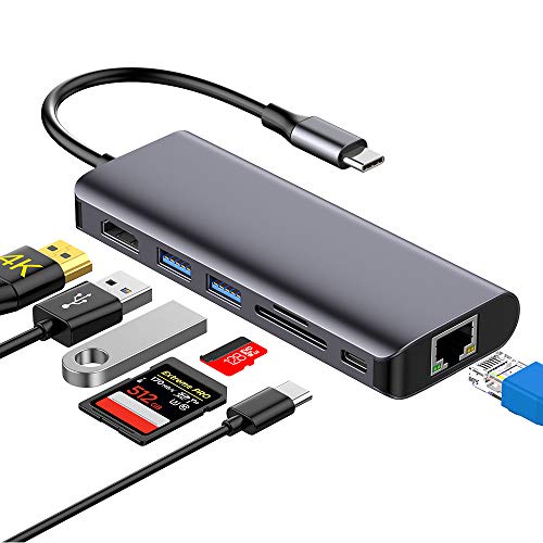 Hotott 7 en 1 Hub USB C, Tipo C Adaptador USB C con 4K HDMI, Ethernet Rj45, 2 USB 3.0, PD Carga Rápida, SD/TF Compatible con para Macbook Pro, Google Chromme, Hua Wei Matebook, Galaxy S10, etc.