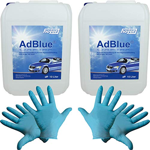 Hoyer AdBlue® 2 recipientes de 10 L, incluye vertedor + 2 pares de guantes de nitrilo desechables