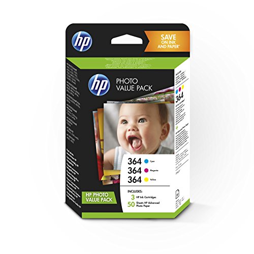 HP 364 T9D88EE - Paquete de Ahorro Fotográfico de 3 Cartuchos de Tinta Originales, Cian, Magenta y Amarillo, y 50 hojas de papel fotográfico, para impresoras HP Photosmart C5380, C6380, D5460 y B8750