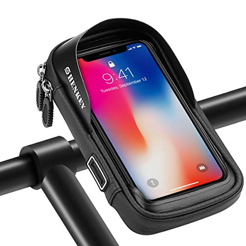 SHENKEY Bolsa para manillar de bicicleta, soporte para teléfono de bicicleta con pantalla táctil impermeable, marco de ciclismo, alforja, soporte para teléfono móvil de hasta 6,5 pulgadas